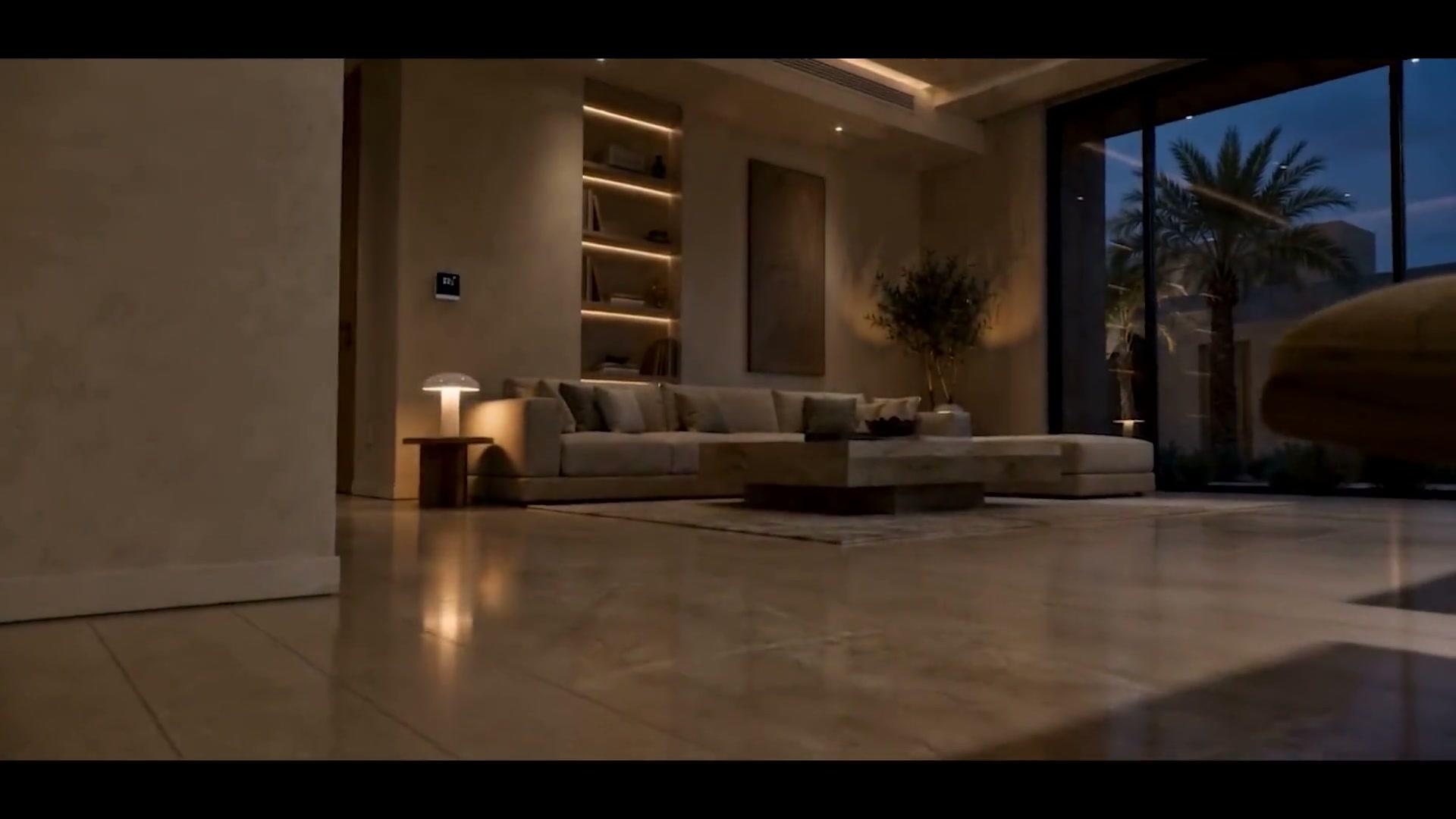 An evening living room with scene lighting